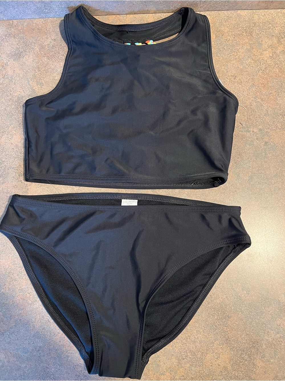 Black High-Neck Two-Piece Bikini Set with multicolor straps, size Girls 16, BNWT